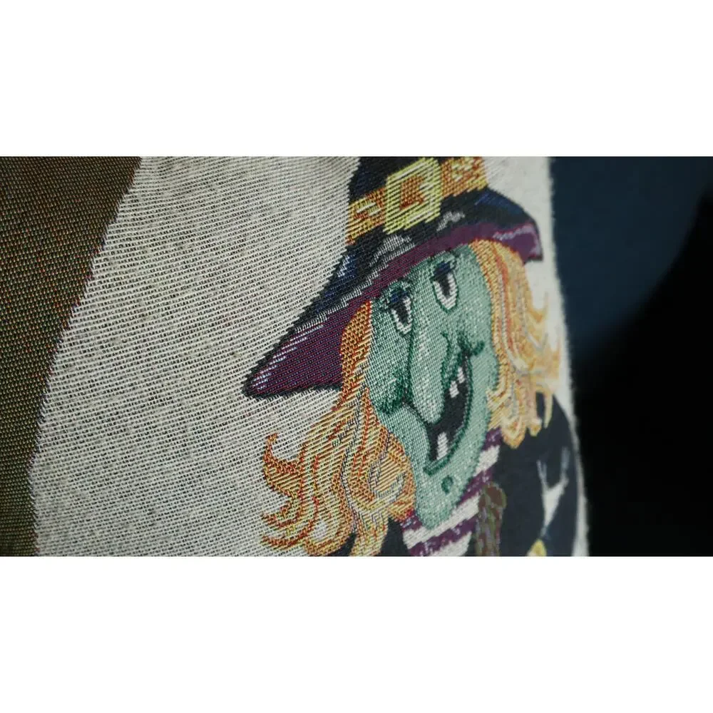 Vintage 90s Ugly Green Witch Tapestry Pillow Rectangle Throw Accent Retro Gothic